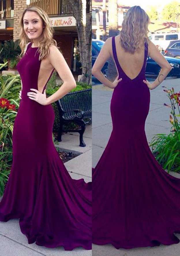 Retro Jersey Scoop Neck Trumpet/Mermaid Sweep Train Prom Dresses main image 1