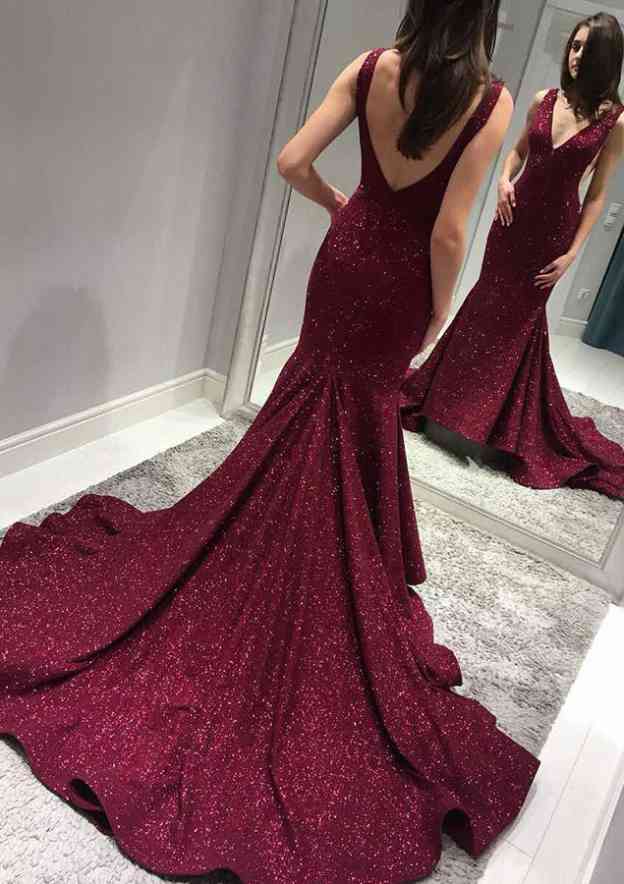 Sleeveless V Neck Chapel Train Trumpet/Mermaid Lace Evening