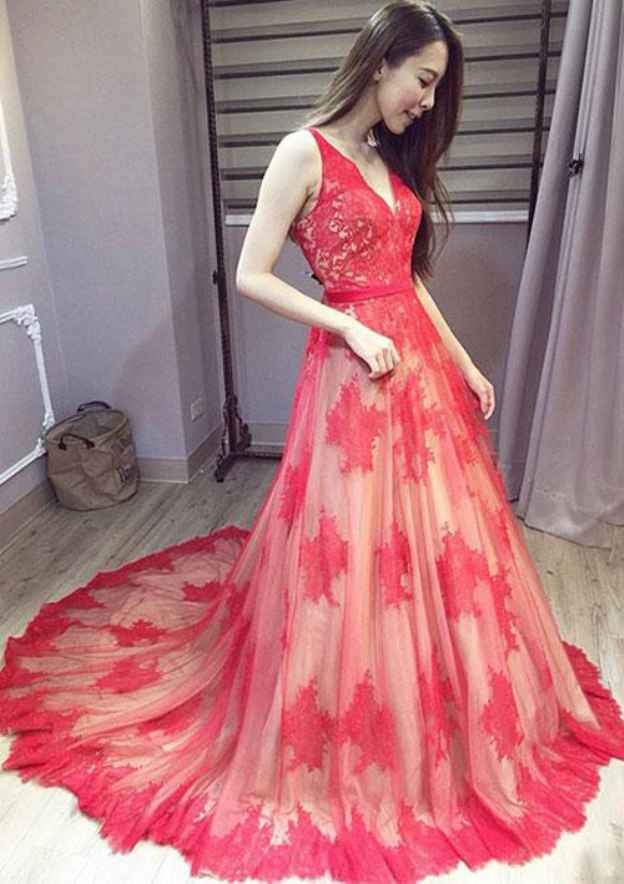 Sleeveless A Line V Neck Chapel Train Sequins Prom Dress LBQ0827 main image 1