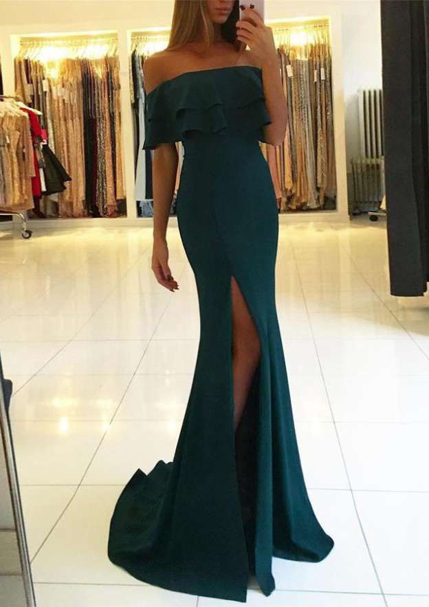 Gorgeous Mermaid Off-The-Shoulder Sleeveless Split Sequins Sweep Train Evening Dress
