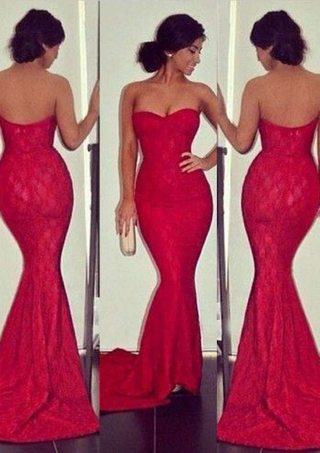 Red Lace Prom Dress Trumpet Bateau Half Sleeve Floor Length Sweep, Beaded main image 0