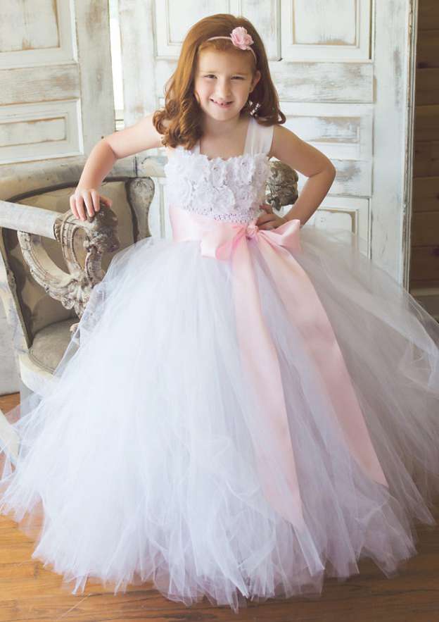 Princess Round Floor Length Cotton Bow Appliques Flower Girl Dress