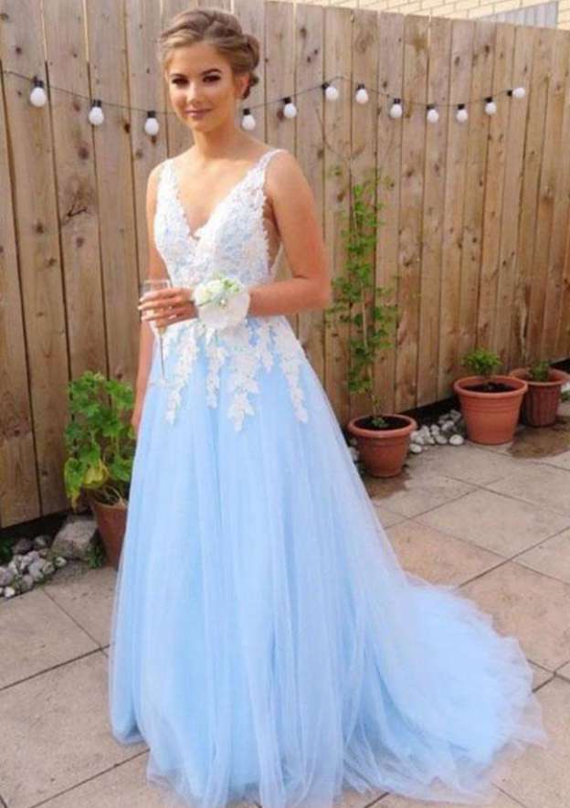 A-line/Princess V Neck Sleeveless Court Train Tulle Prom Dress With Appliqued A-line/Princess V Neck Sleeveless Court Train Tulle Prom Dress With Appliqued