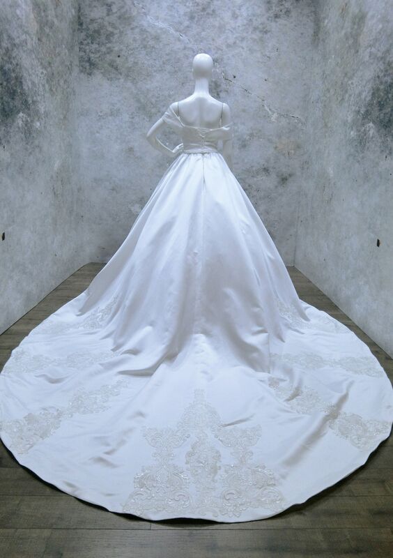 Sleeveless Off-the-Shoulder Chapel Train Ball Gown Satin Wedding Dress With  Lace - Wedding Dresses - Stacees