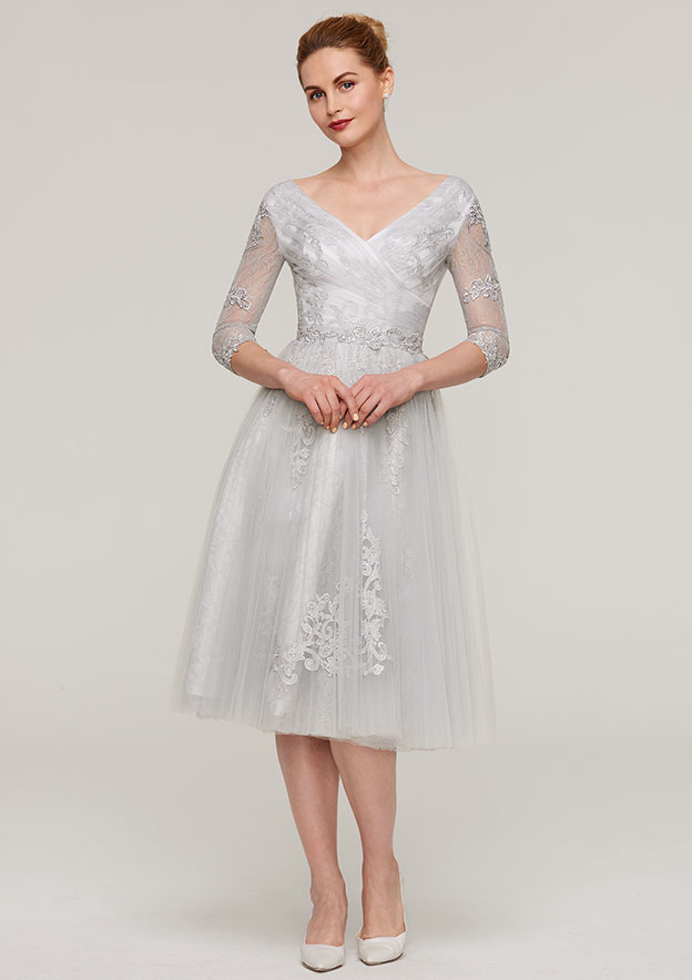 a line princess v neck tea length chiffon lace mother of the bride dress