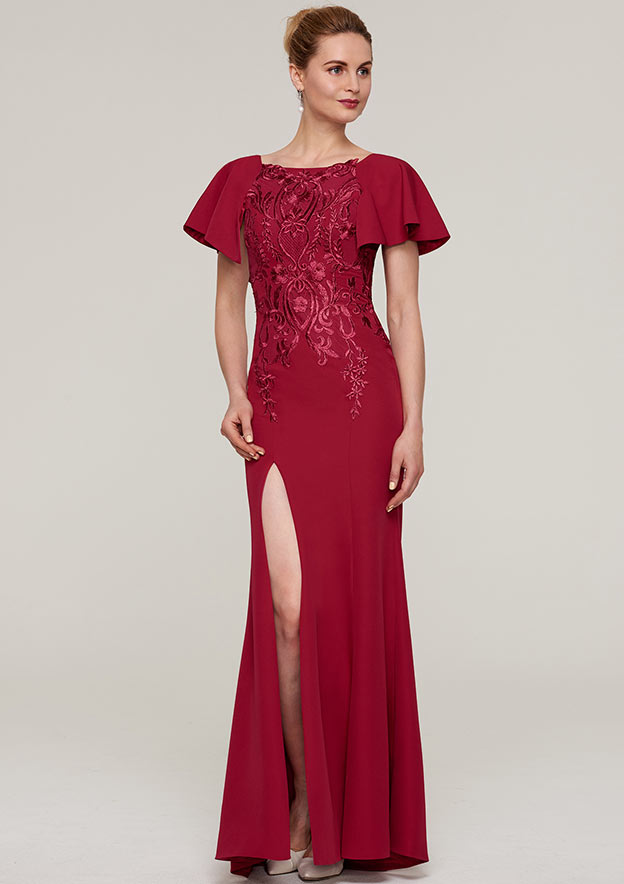 Simple Bateau Neck Strapless Pleated Side Slit Sheath Floor Length Evening Formal Gown
