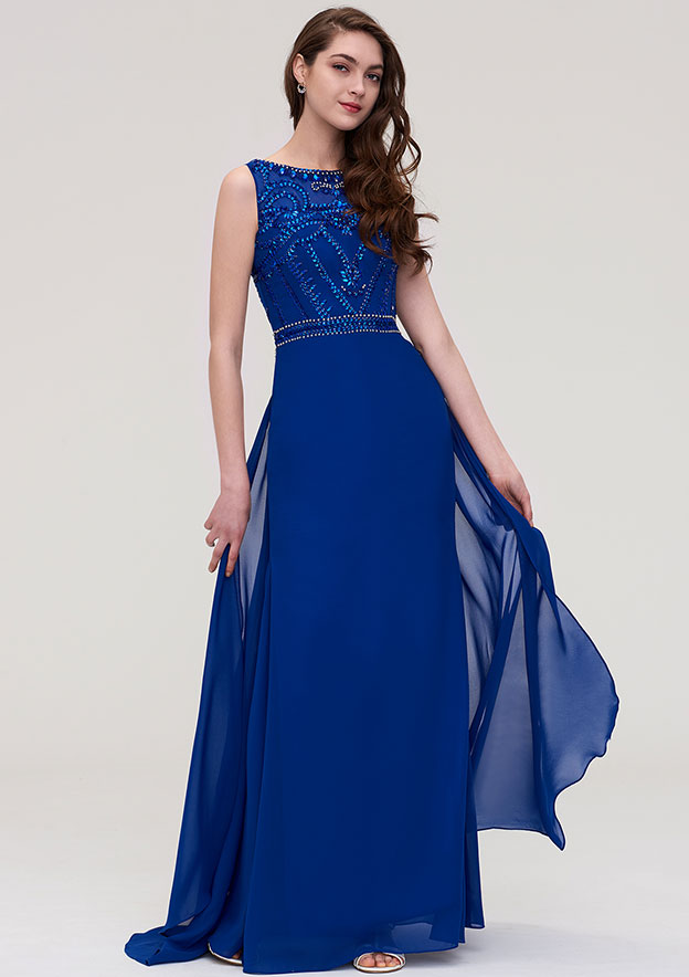 A Line Bateau Beading Chiffon Floor Length Open Back Prom Dresses LBQ3434