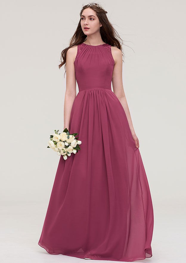 A-Line/Princess Bateau Hand-Made Flower Sleeveless Long Chiffon Bridesmaid Dresses