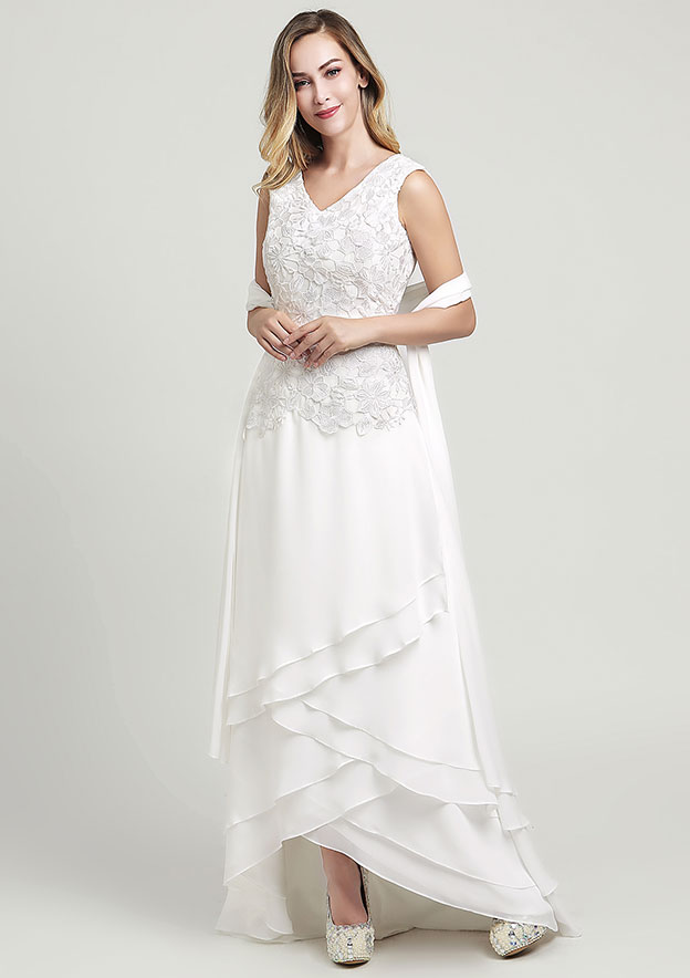 Sleeveless V Neck Asymmetrical A-line/Princess Chiffon