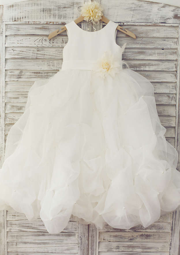A-Line Short Sleeve Crew Neck Flower Girl Dress with Lace Tulle and Pleats