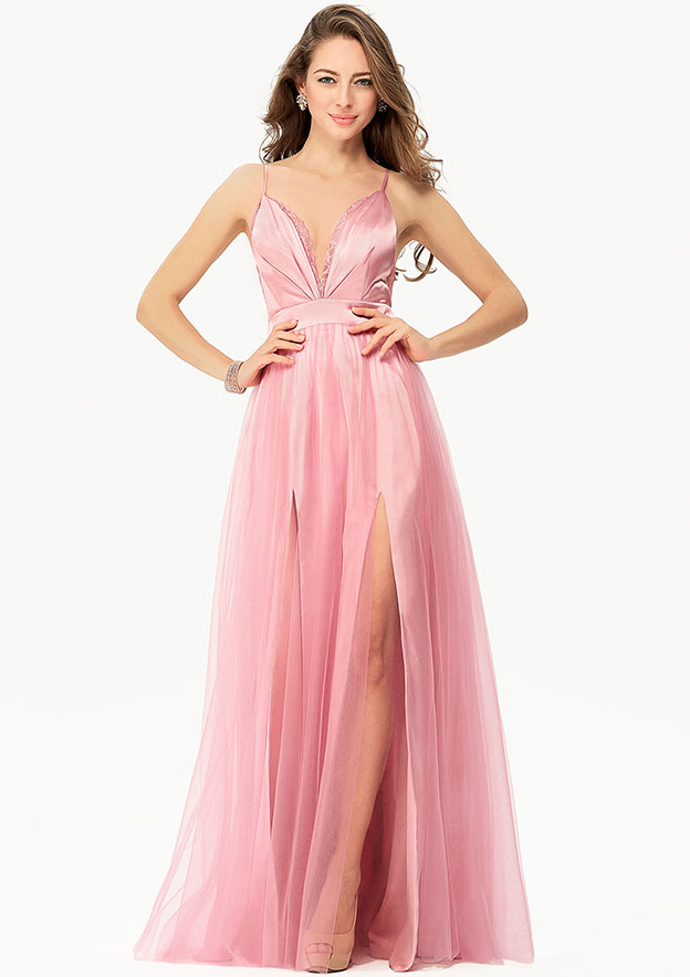 Aline V Neck Tulle Charmeuse Long/FloorLength Prom Dress With Lace