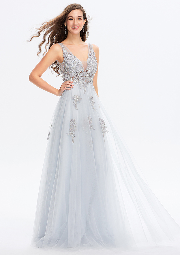 Elegant Tiered V-Neck Sleeveless Tulle A-Line Formal Dress main image 1