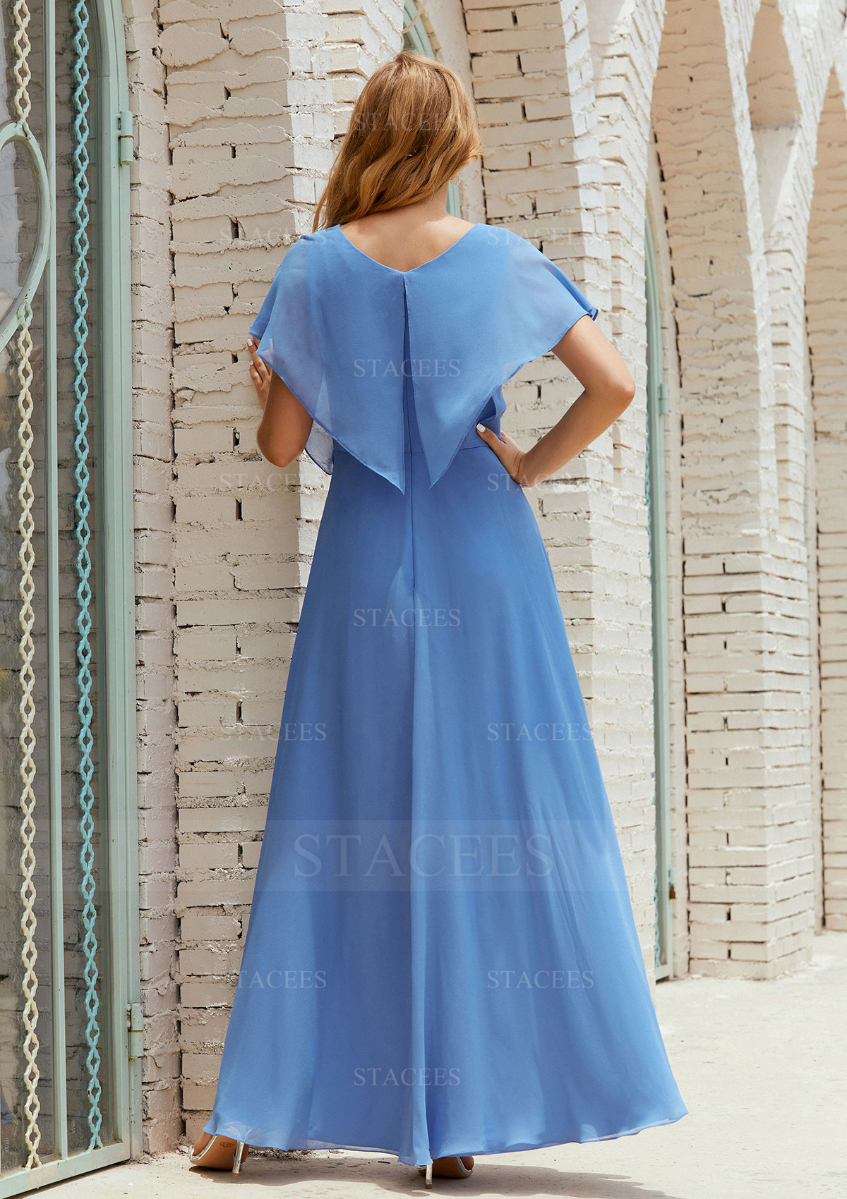 A-line Short Sleeve V Neck Long/Floor-Length Chiffon Mother of the Bride  Dress With Pleated - Mother of the Bride Dresses - Stacees