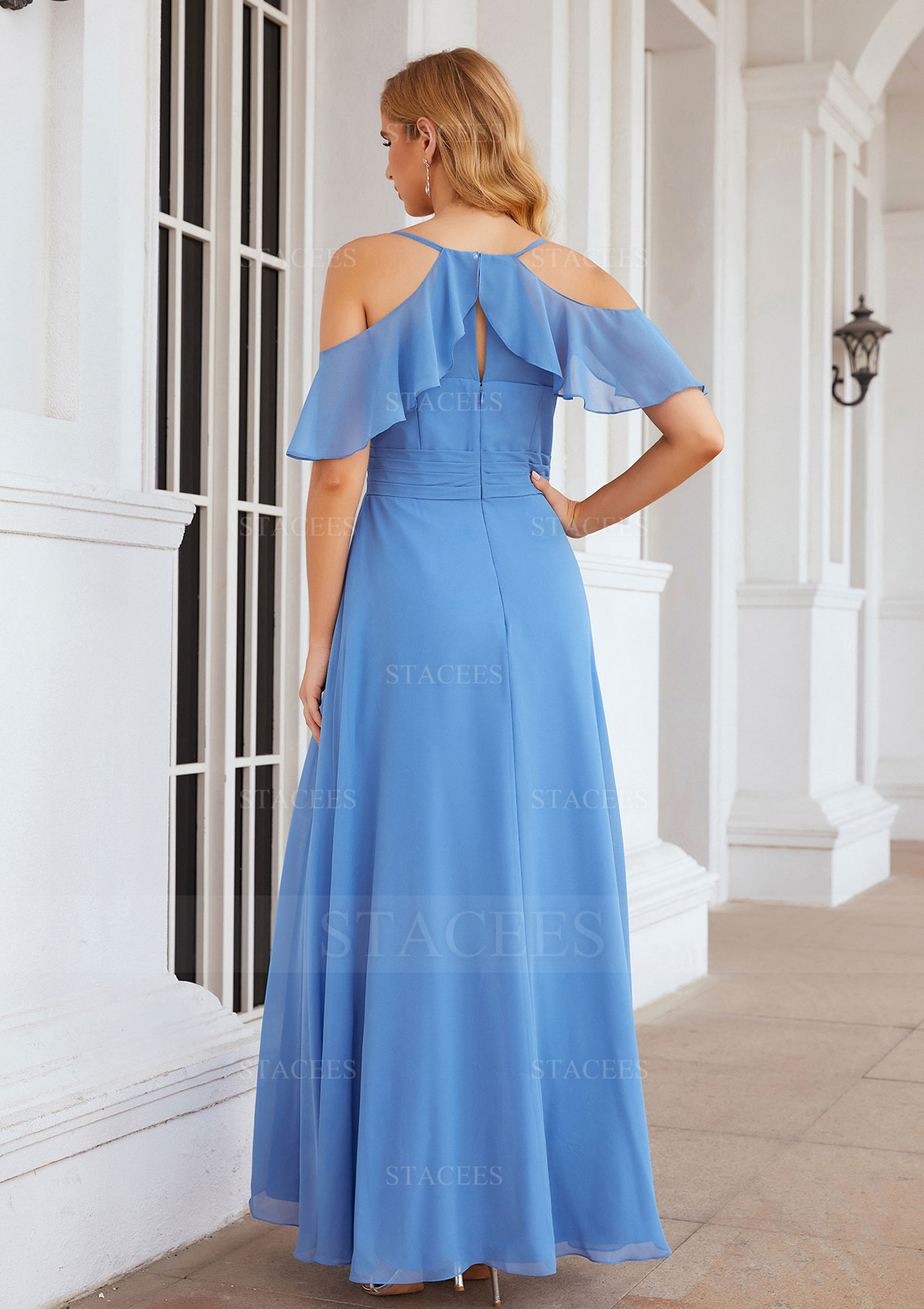 sachin and babi light blue dress Pleated A-Line Chiffon Evening Dress with Short Sleeves