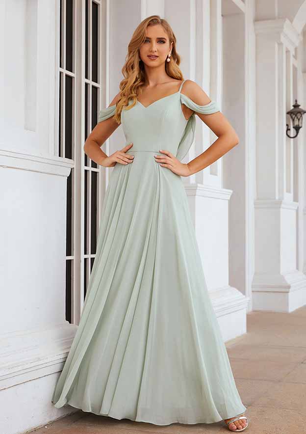 Modest Off-the-Shoulder Mist Chiffon Bridesmaid Dresses with Pleats main image 0