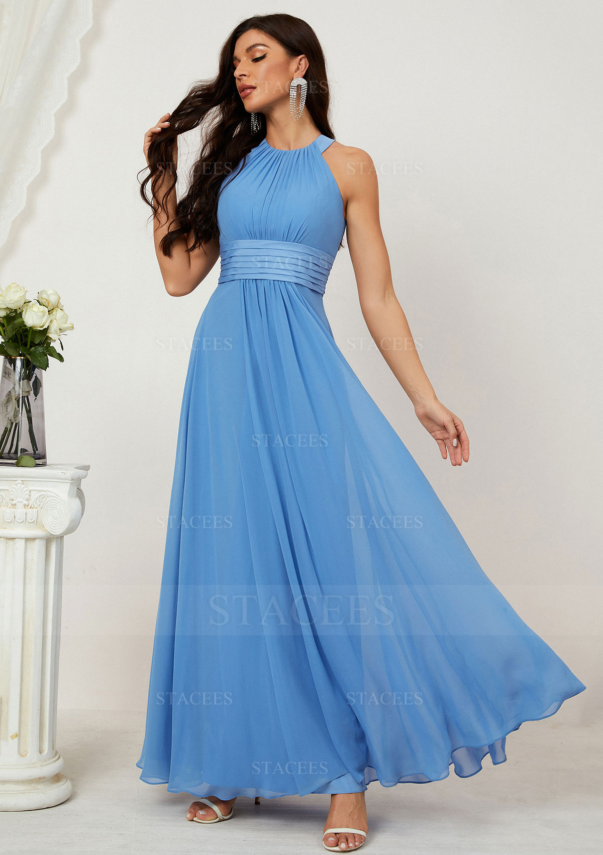 Stacees Bridesmaid Dress A-Line Halter Chiffon Long/Floor-Length Pleated - Rich Blue
