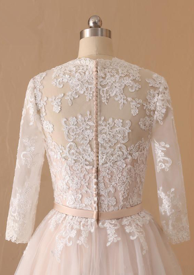 A-line V Neck Full/Long Sleeve Lace Tulle Tea-Length Wedding Dress With  Waistband - Wedding Dresses - Stacees