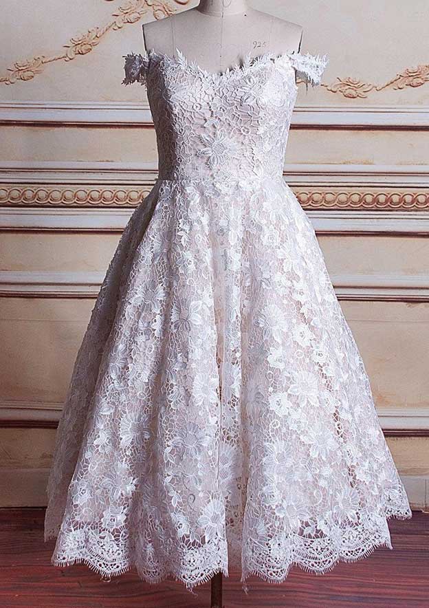 A-line Off-the-Shoulder Sleeveless Tea-Length Lace Wedding Dress - Wedding  Dresses - Stacees