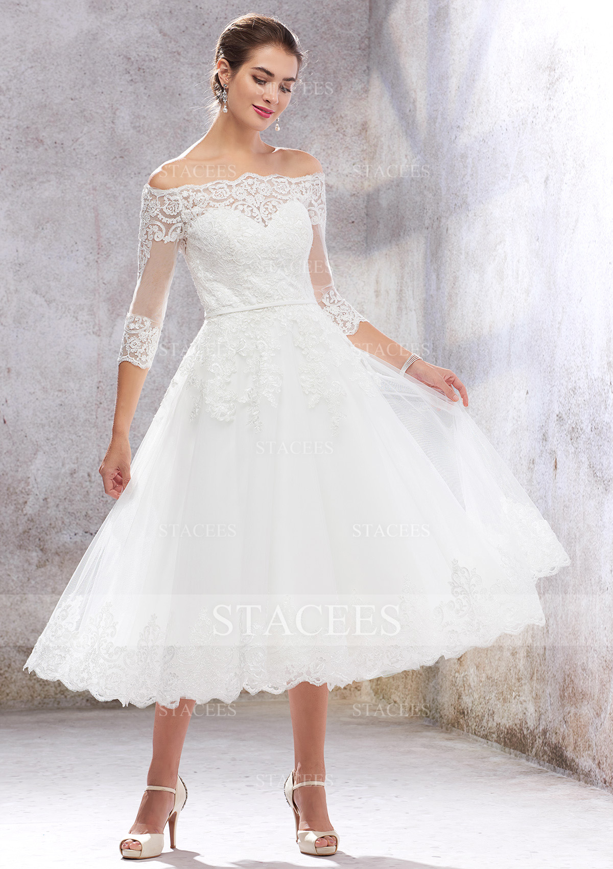 Stacees Wedding Dress A-line Off the Shoulder 3/4 Sleeve Tea-Length Lace Tulle Waistband - Ivory Stacees Wedding Dress A-line Off the Shoulder 3/4 Sleeve Tea-Length Lace Tulle Waistband - Ivory