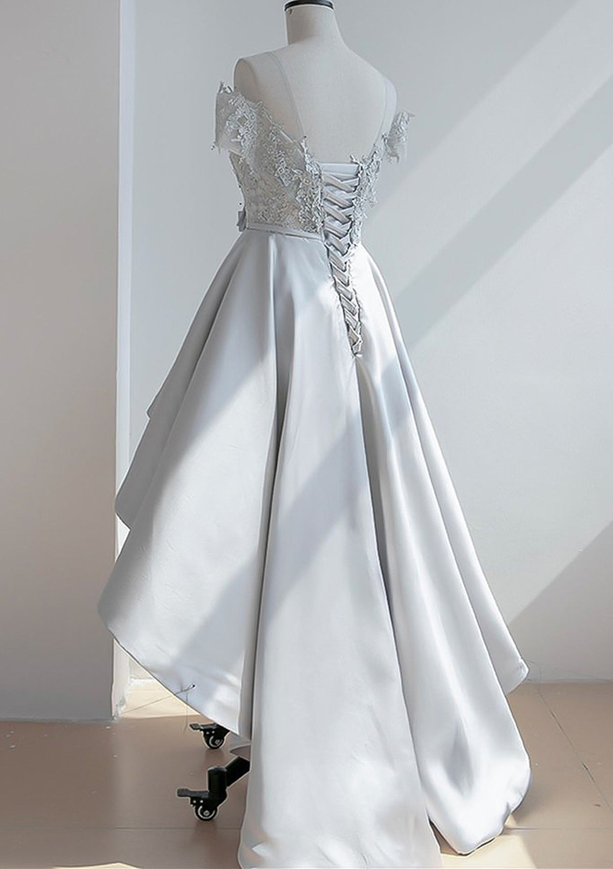 A-line Illusion Neck Short Sleeve Satin Asymmetrical Homecoming Dress With  Appliqued Waistband - Homecoming Dresses - Stacees