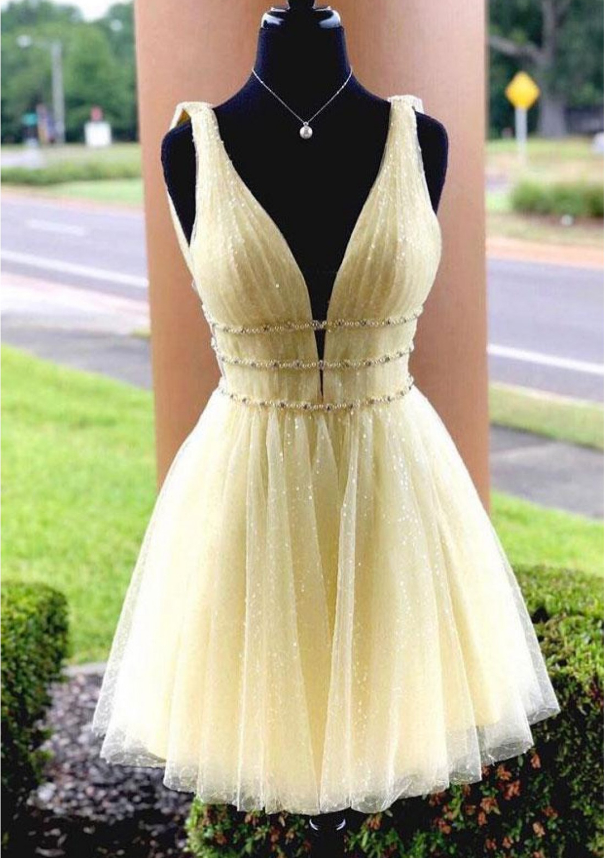 A-line V Neck Sleeveless Tulle Short/Mini Homecoming Dress With Beading Glitter A-line V Neck Sleeveless Tulle Short/Mini Homecoming Dress With Beading Glitter