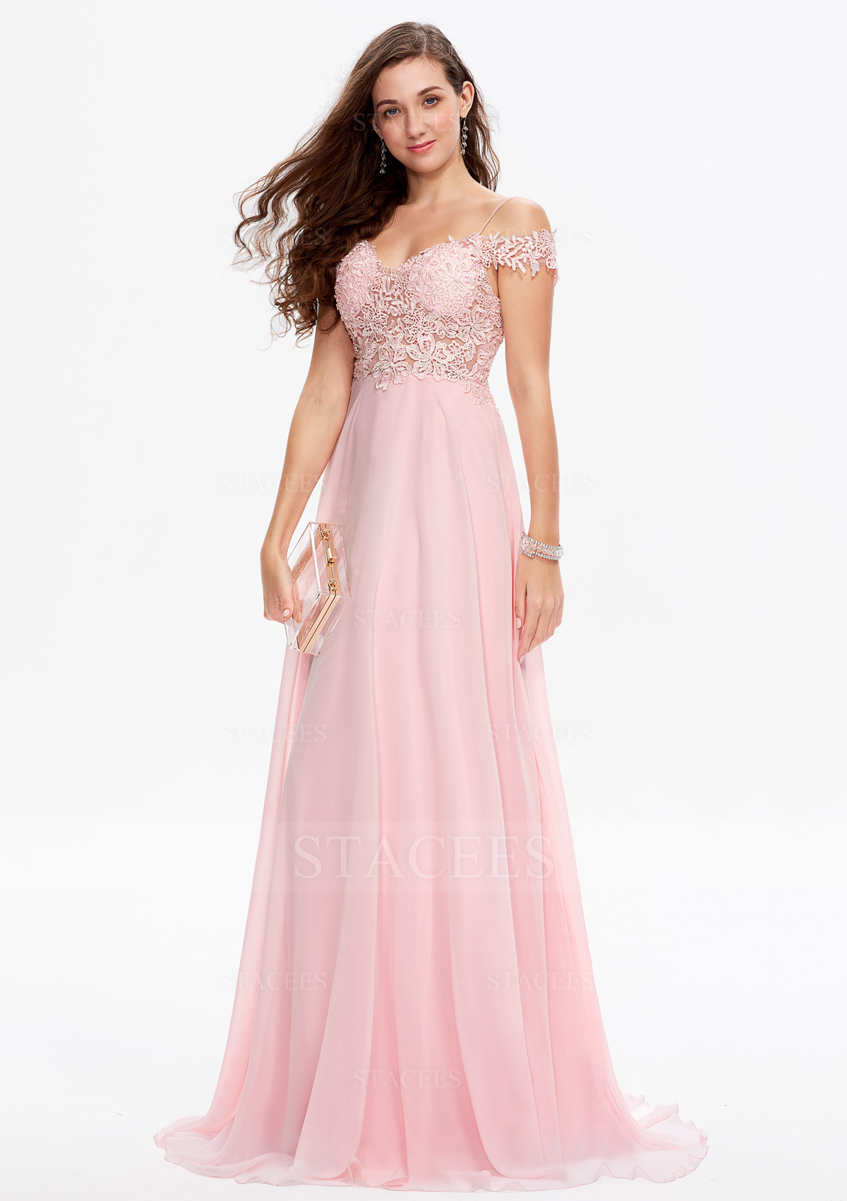 A-line Off-the-Shoulder Sleeveless Satin Chiffon Sweep Train Prom Dress With Appliqued - Prom Dresses - Stacees A-line Off-the-Shoulder Sleeveless Satin Chiffon Sweep Train Prom Dress With Appliqued - Prom Dresses - Stacees