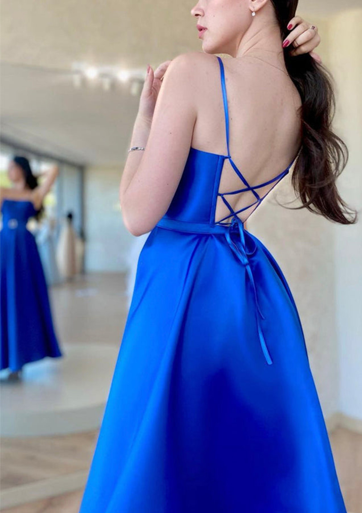 Ankle Length Satin Straps Square Neck Prom Dress Ankle Length Satin Straps Square Neck Prom Dress