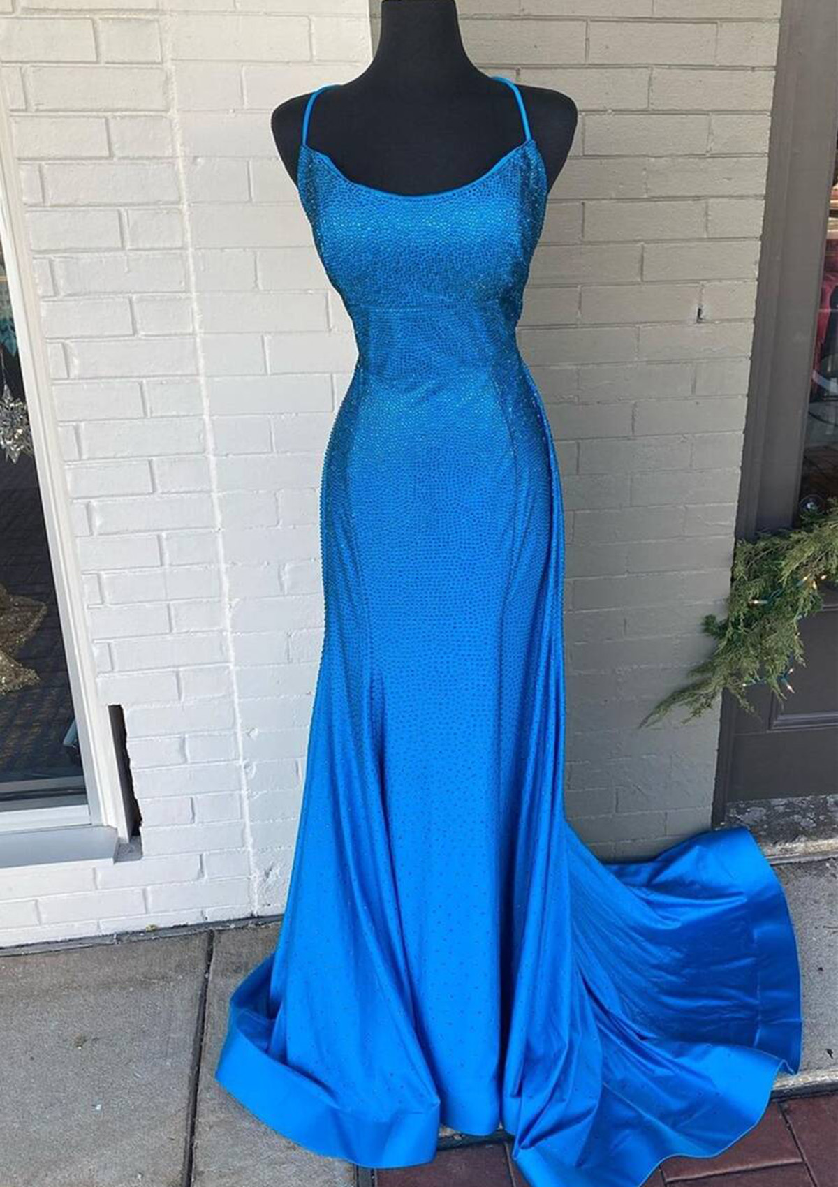 Mermaid/Trumpet Satin Spaghetti Straps Prom Dresses Maxi Evening Party Gowns with Sweep Train