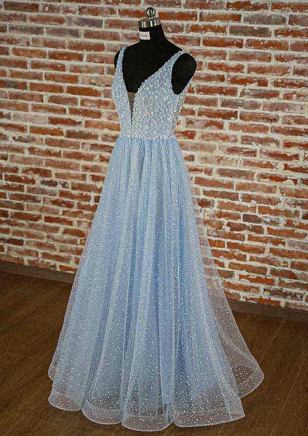 Royal Blue Prom Dresses, A-line V Neck Spaghetti Straps Long/Floor-Length Tulle Prom Dress With Appliqued Beading Glitter