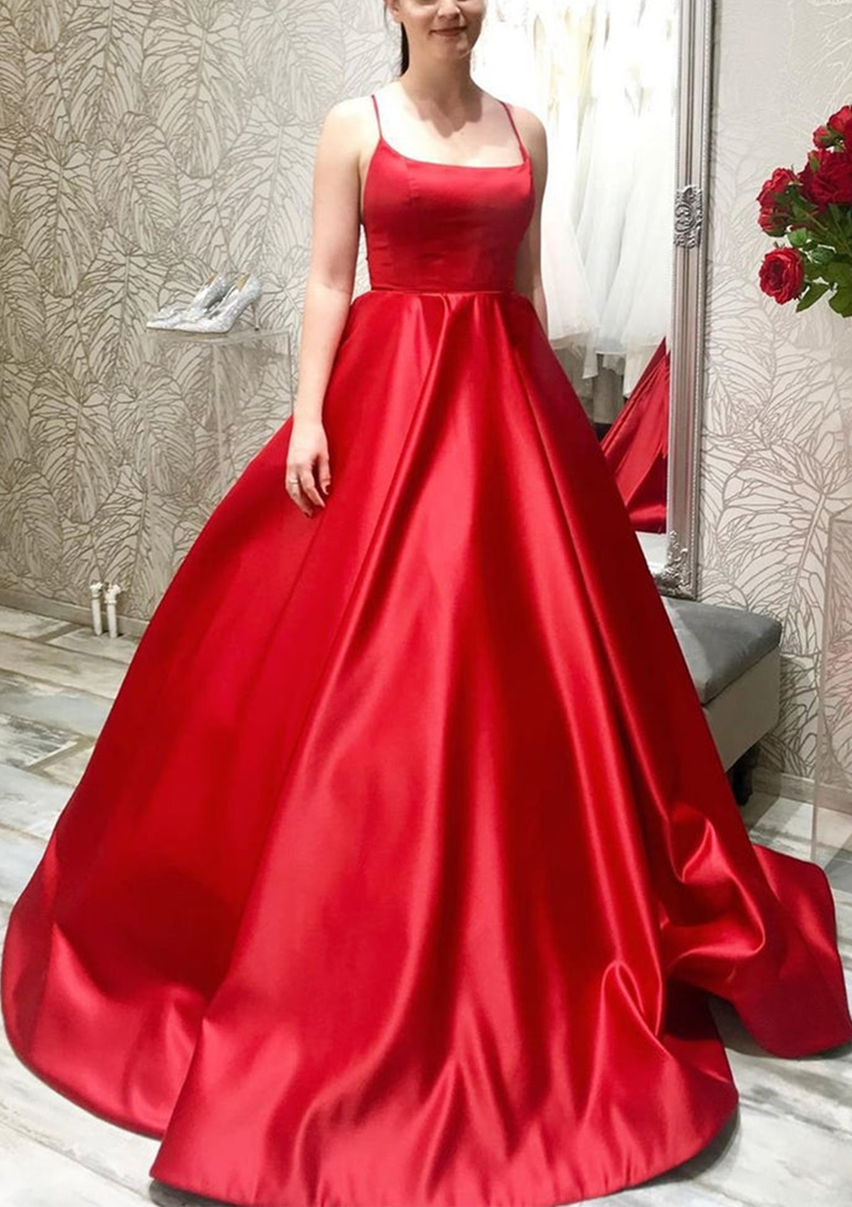 Ball Gown A-line Square Neckline Spaghetti Straps Sweep Train Satin Prom  Dress With Pleated Pockets - Prom Dresses - Stacees