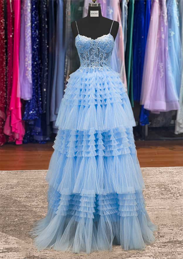 A-Line/Elegant Bateau Sleeveless Floor-Length Beading Tulle Prom Dresses main image 0