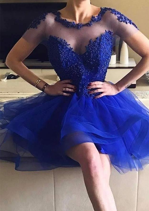 Illusion Neck Tulle Dress with Applique Detail Royal Blue Plus Size