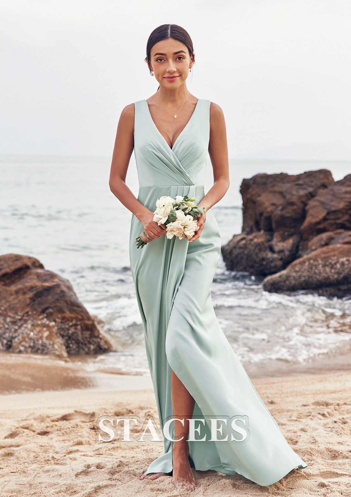 Dusty Rose Formal Dresses Modest Elegant Sleeveless Sheath/Column V-Neck Floor Length Stretch Satin Formal Dress