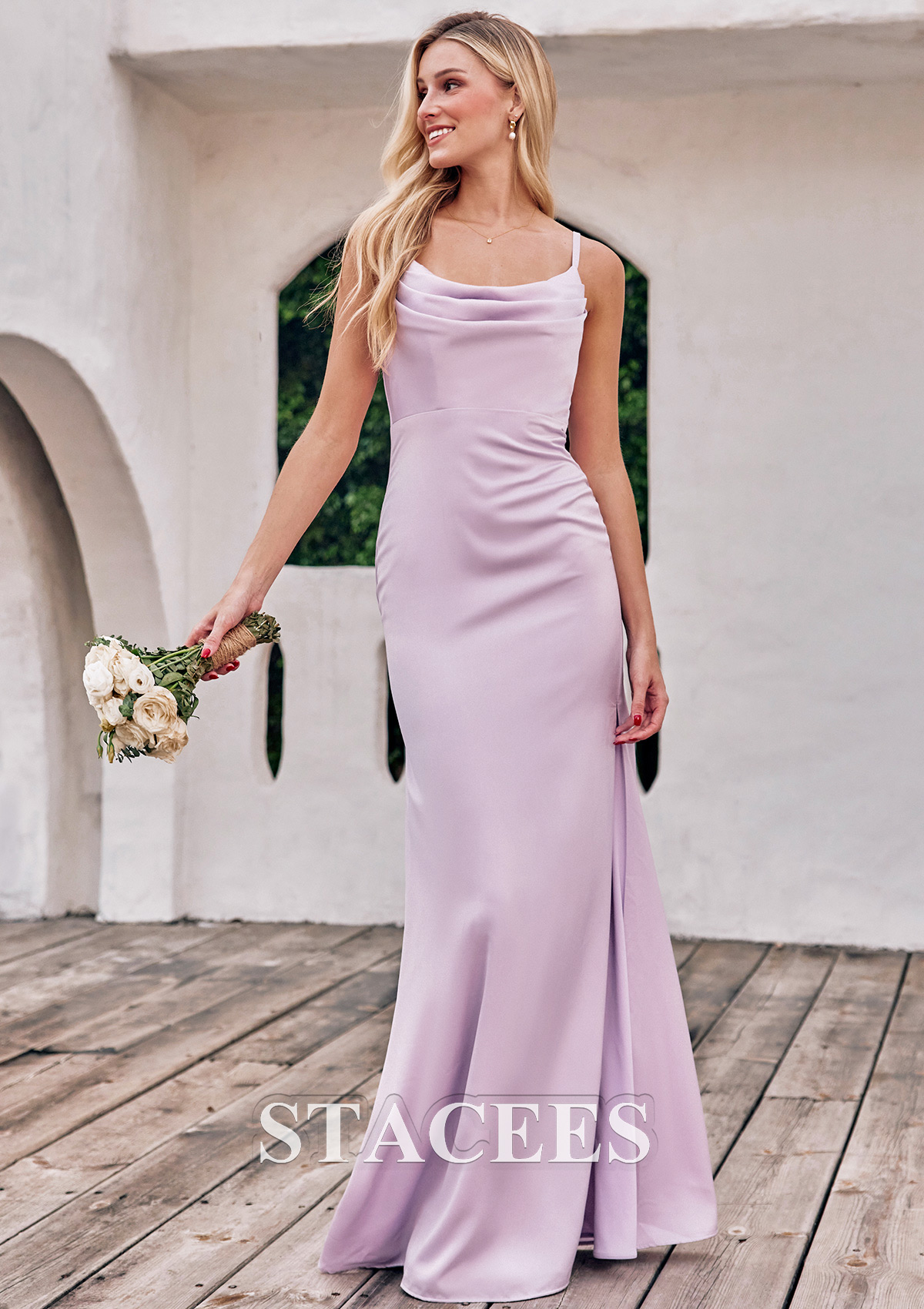 Sheath/Column Cowl Neck Floor-Length Bridesmaid Dresses with Beadings