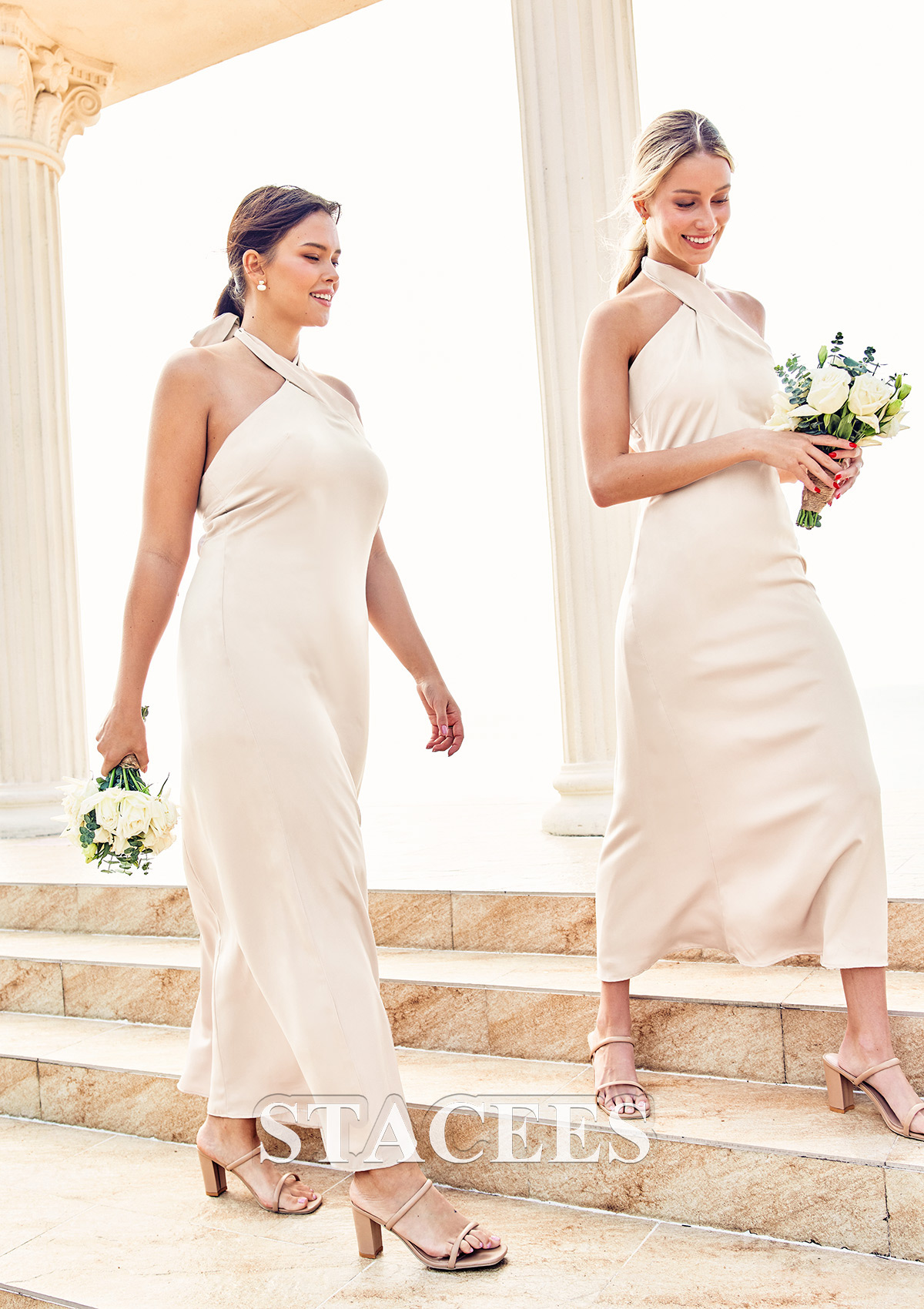 Satin Sheath Halter Sleeveless Bridesmaid Dress with Backless
