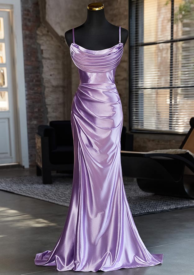 Trumpet/Mermaid Cowl Neck Sleeveless Sweep Train Silk like Satin Prom Dress with Pleated Split
