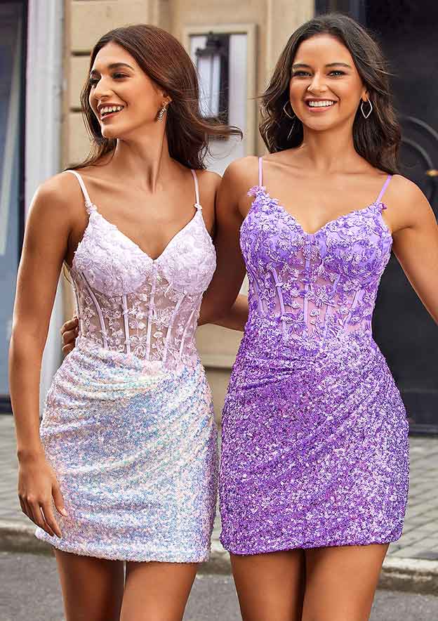 V Neck Corset Ombre Sequins Short Homecoming Dress with Appliqued Lace 