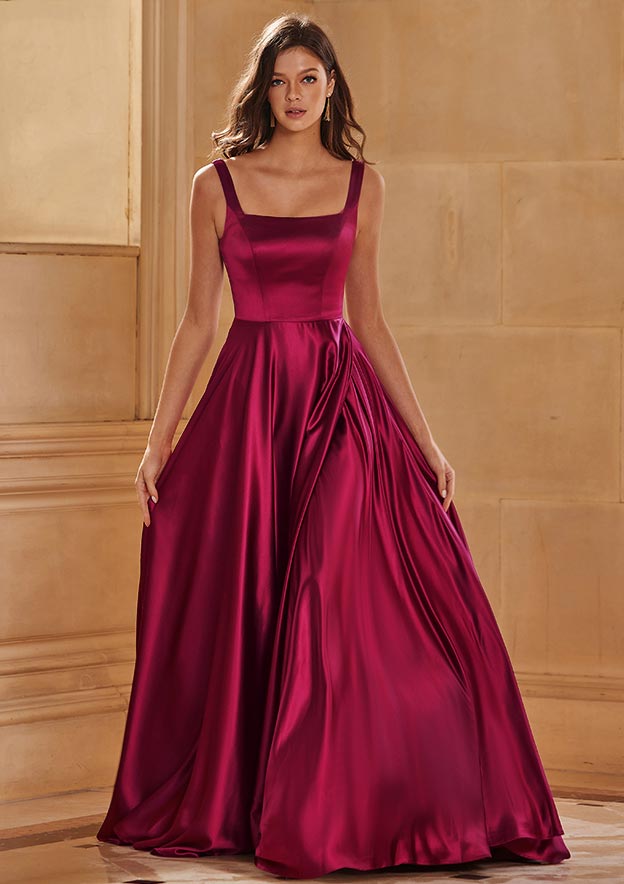 Vintage A-line Square Neckline Simple Slit Prom Dress with Pockets