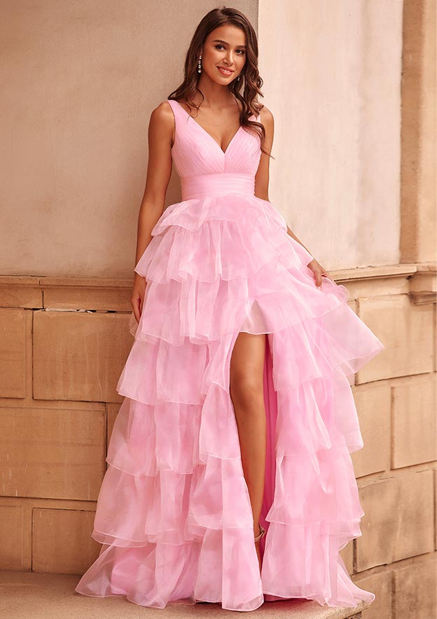 Sparkle Pleated V Neck Organza Ball Gown Long Ruffle Slit