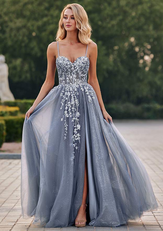 A-line Sweetheart Tulle Sweep Train Prom Dress with Appliqued Sequins Split  Glitter
