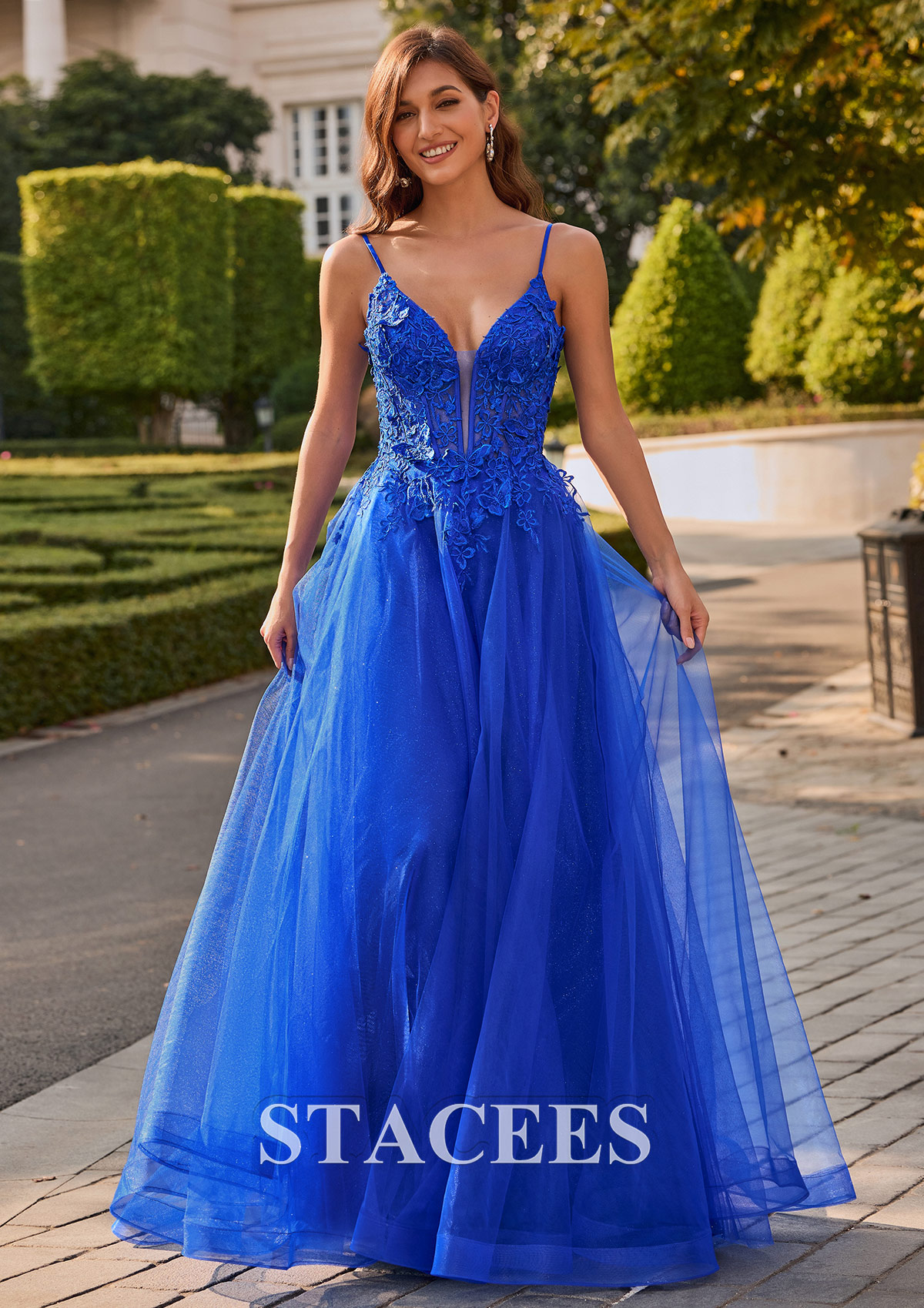 Robe De Soirée Longue En Tulle Pailleté - Col En V, Dentelle, Dos Lacé - Idéale Pour Bal, Mariage, événement élégant