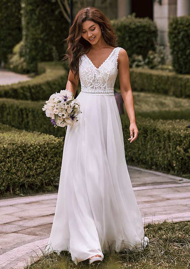 A-line V Neck Chiffon Sweep Train Wedding Dress with Lace