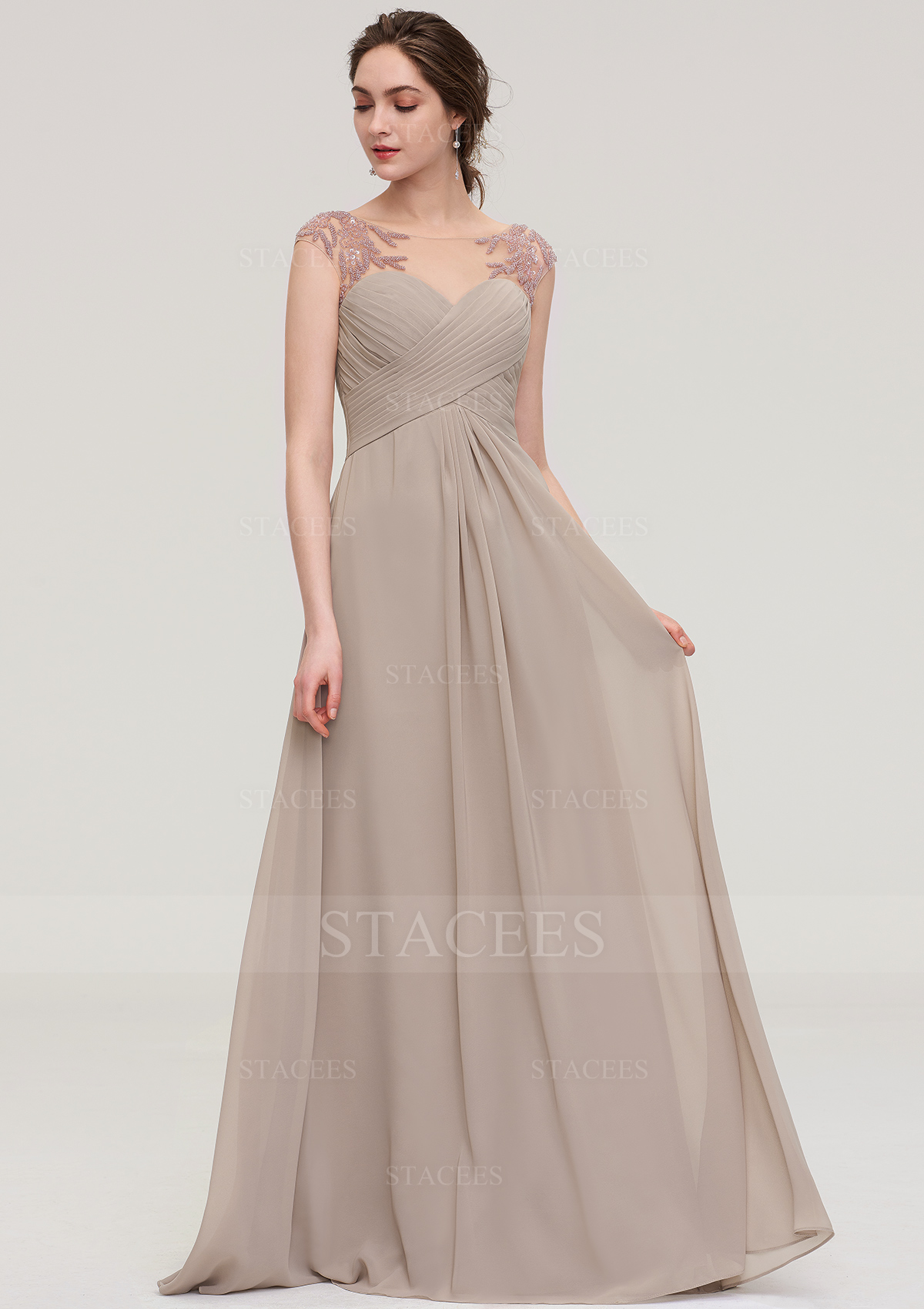 Chiffon Bridesmaid Dress A-line/Princess Scoop Neck Sleeveless Long/Floor-Length With Pleated Beading