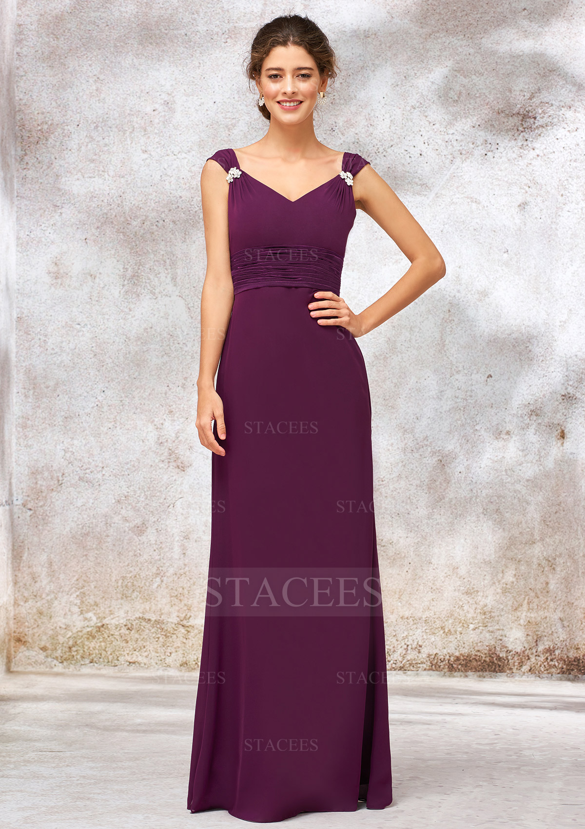 Chiffon Bridesmaid Dress Sheath/Column V Neck Long/Floor-Length With Sashes Pleated Beading