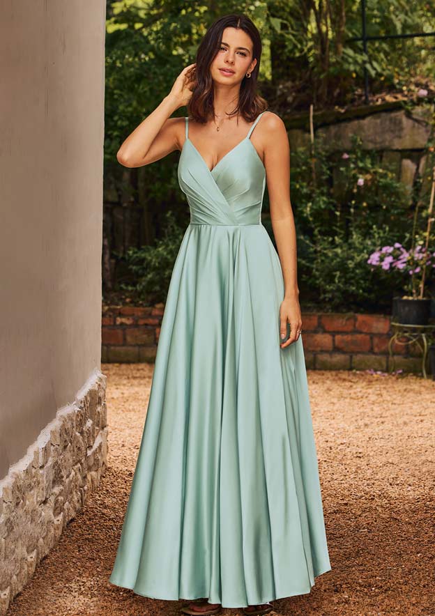 blue dress for baby girl Burgundy Satin Spaghetti Straps A-Line Long Bridesmaid Dress with Slit, Burgundy / 12 main image 1