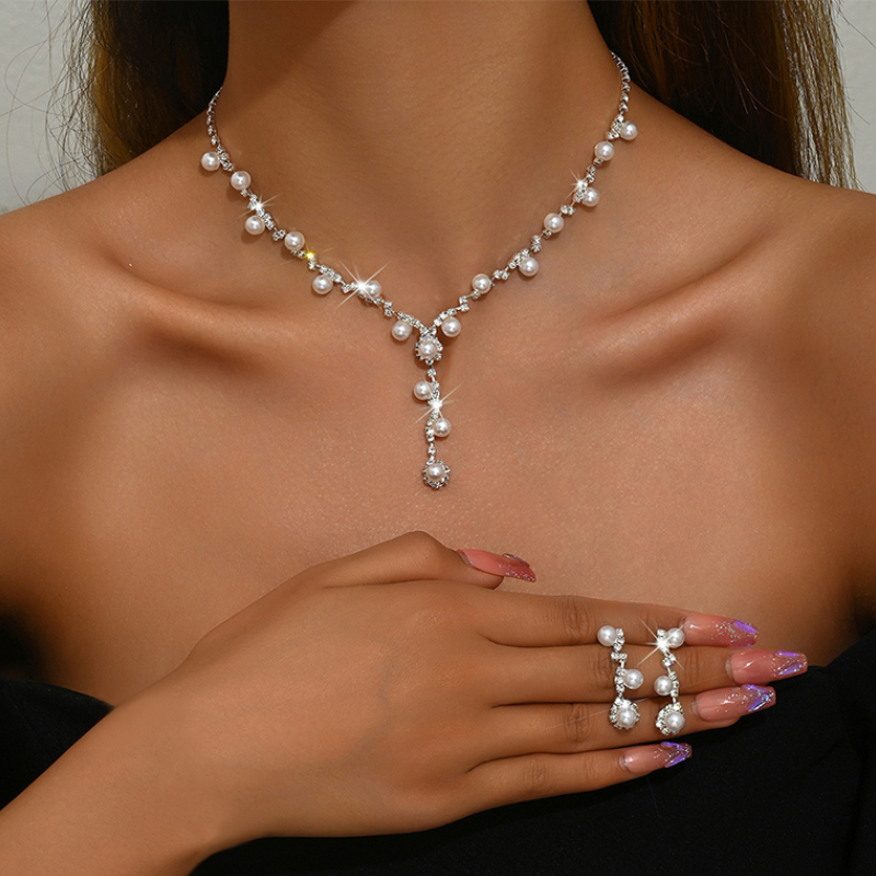 Charming Unique Female Titanium Steel Pearl Necklace Earring Set