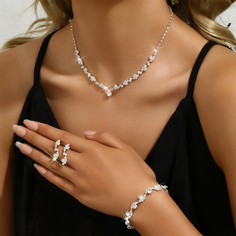 Charming Chic Female Copper Necklace Earring Bracelet Set with Rhinestone