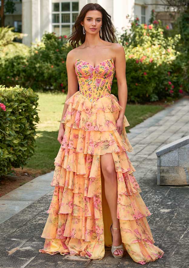 A-line Strapless Corset Yellow Floral Print Tiered Ruffle Prom Dress with Slit S9042P - Prom Dresses - Stacees A-line Strapless Corset Yellow Floral Print Tiered Ruffle Prom Dress with Slit S9042P - Prom Dresses - Stacees