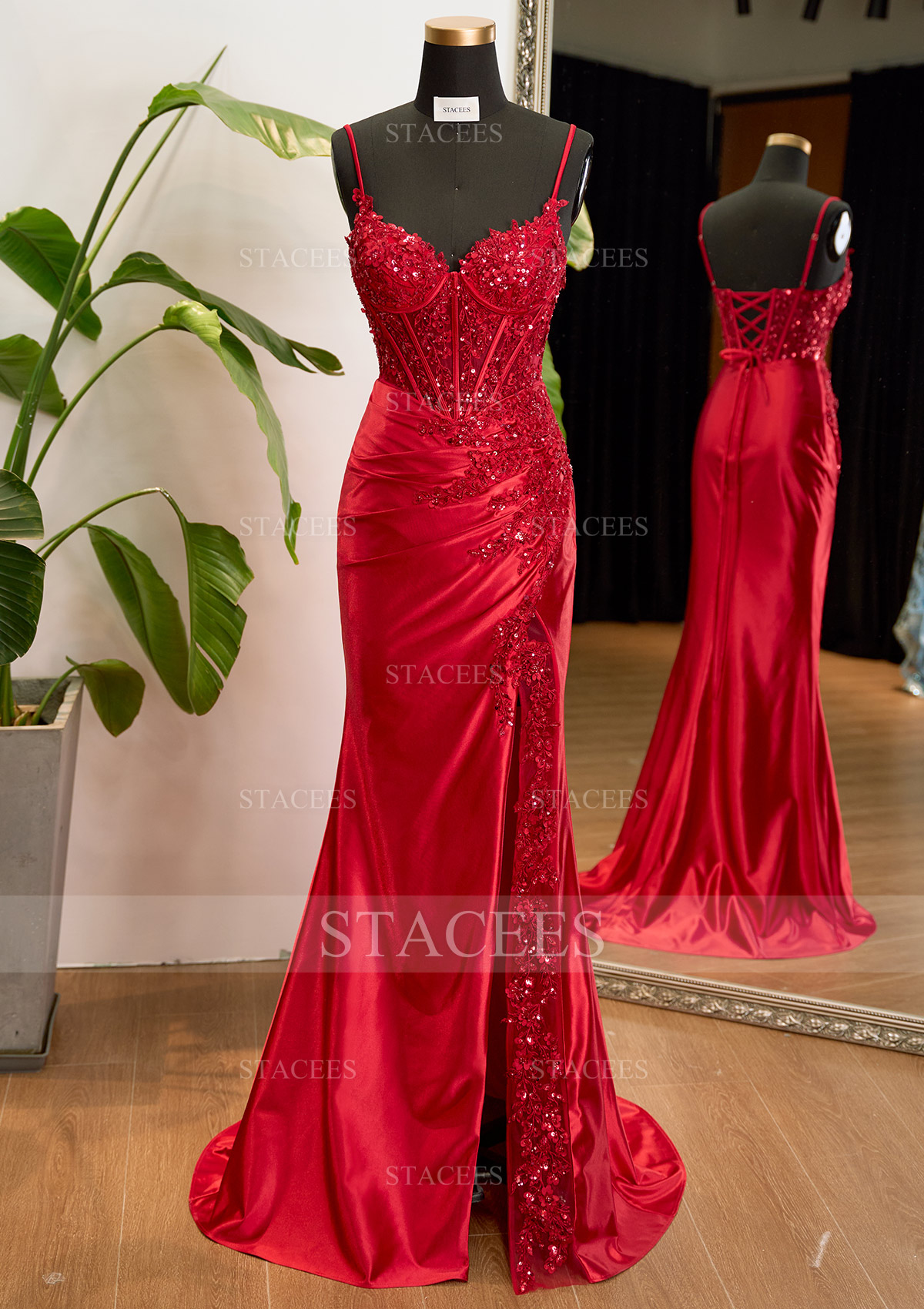 Sheath V Neck Prom Dress with Floral Appliqued Beading Corset Slit