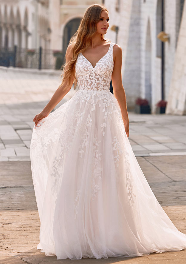 chinese dress ladies Sheer Neck A Line Tulle Skirts Boho Classical Wedding Dresses Vestido –  TANYA BRIDAL main image 0